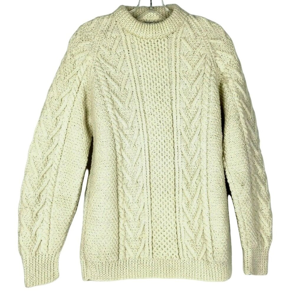 Vintage Carbery Cream Irish Wool Cable Knit Sweater Size Large Fisherman Chunky